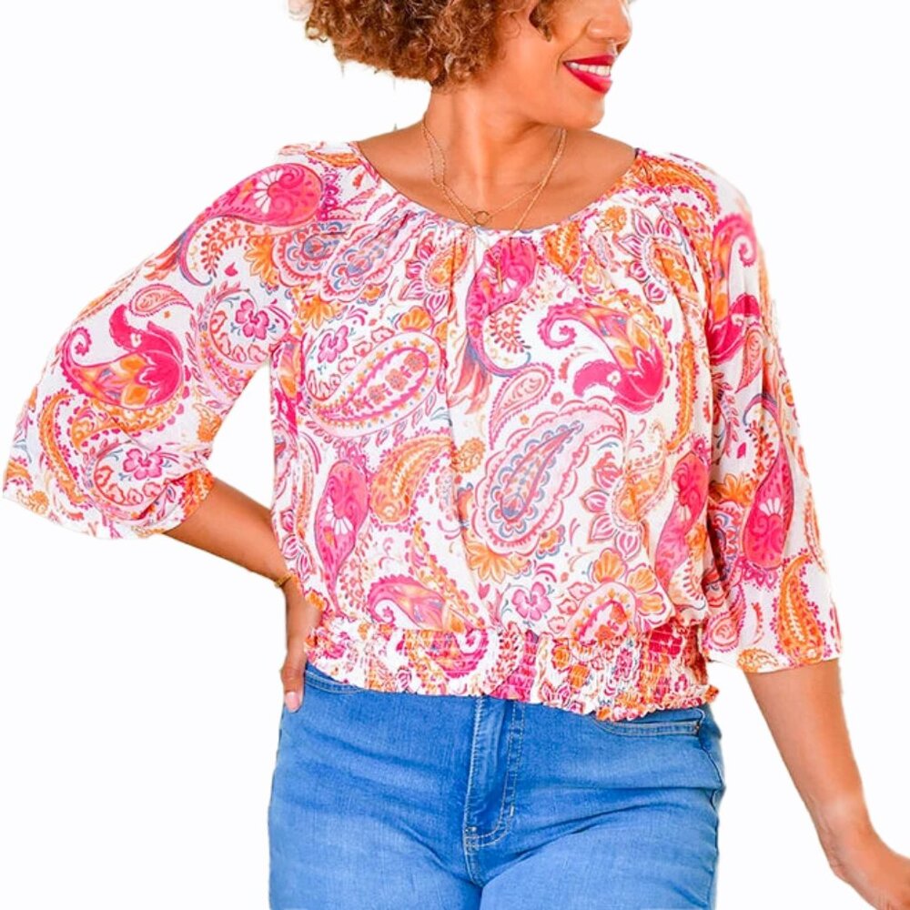 Harper 241 Womens Blouse Printed 3/4 Sleeves Top Elastic Hem Floral Coral Size L
